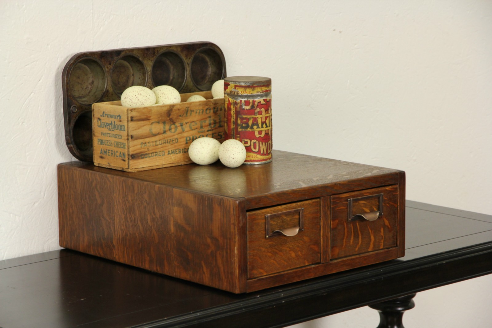 Oak 3x5 Antique 1910 Desktop Card File, Signed Globe