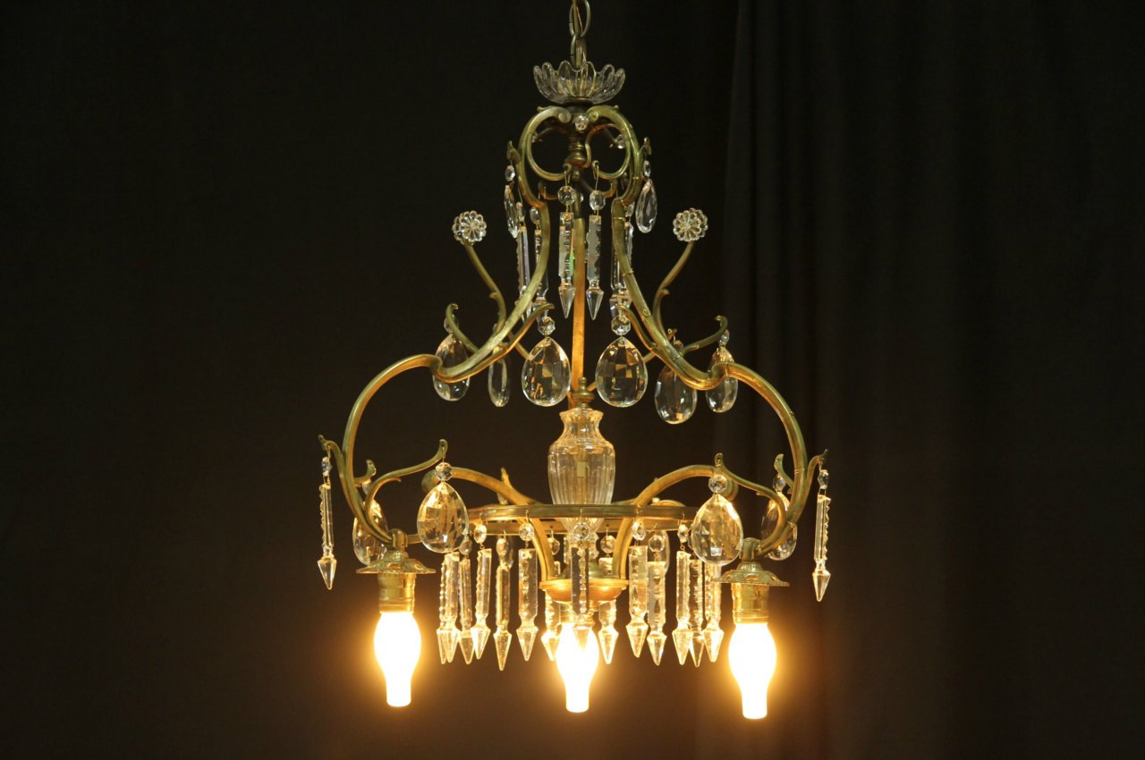 French Bronze 1915 Antique Chandelier, Cut Prisms