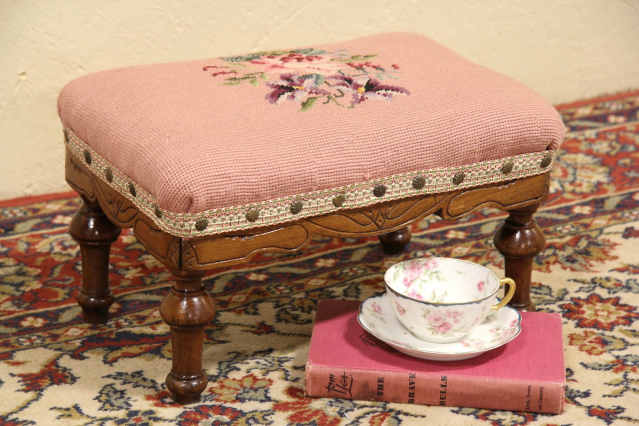 Eastlake 1880 Antique Walnut & Needlepoint Footstool