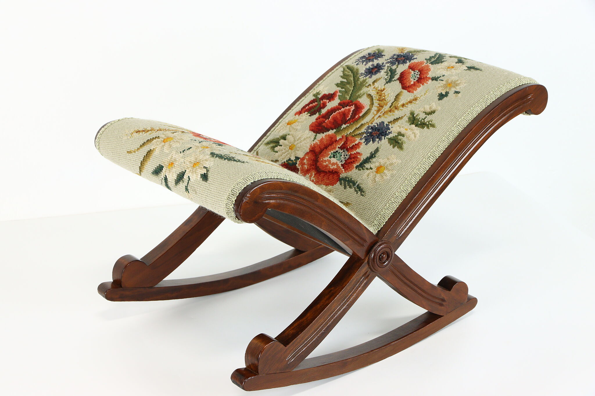 Gout Rocker Victorian Antique Birch Gout Rocking Footstool, Needlepoint Upholstery
