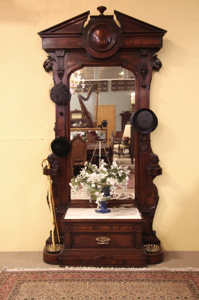 Victorian Renaissance Walnut Hall Mirror Marble 1870