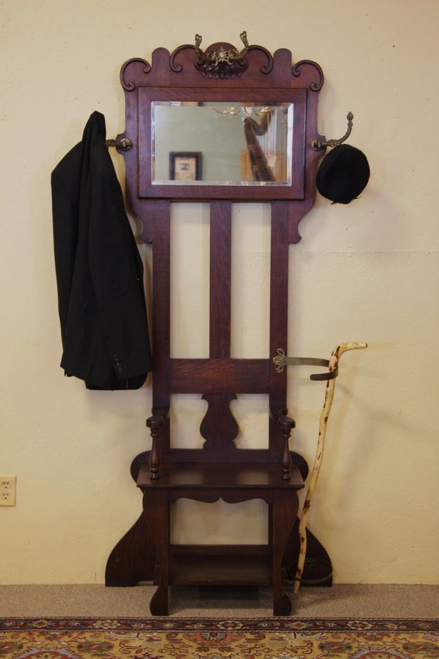 Victorian Oak Hall Stand, Mirror, Hooks, Umbrella