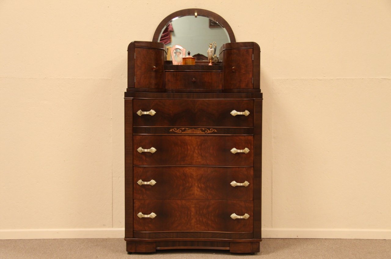 Art Deco Tall Chest or Highboy, Beveled Mirror