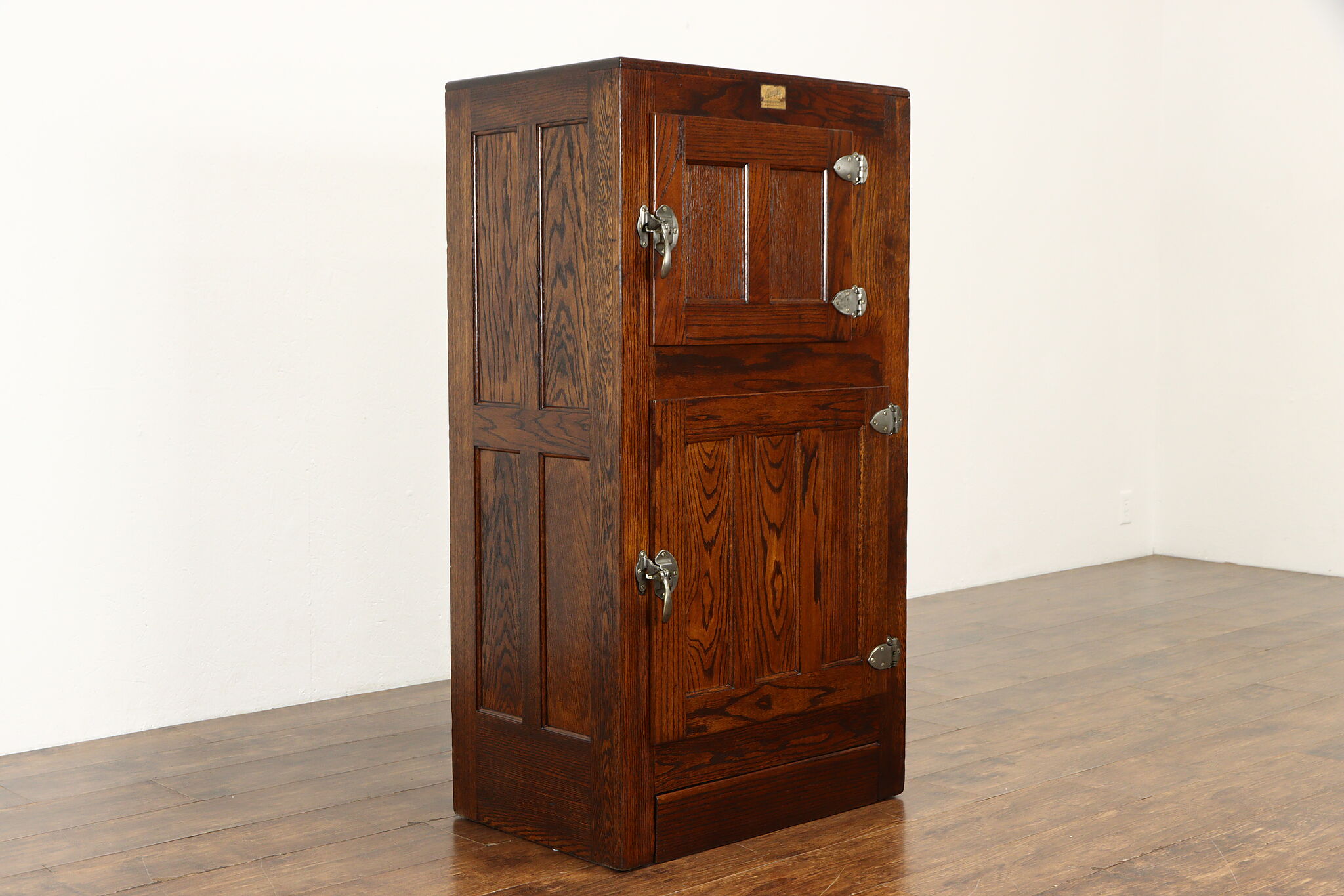 Oak Antique Farmhouse Ice Box Refrigerator, Tin & Enamel Interior, Seeger