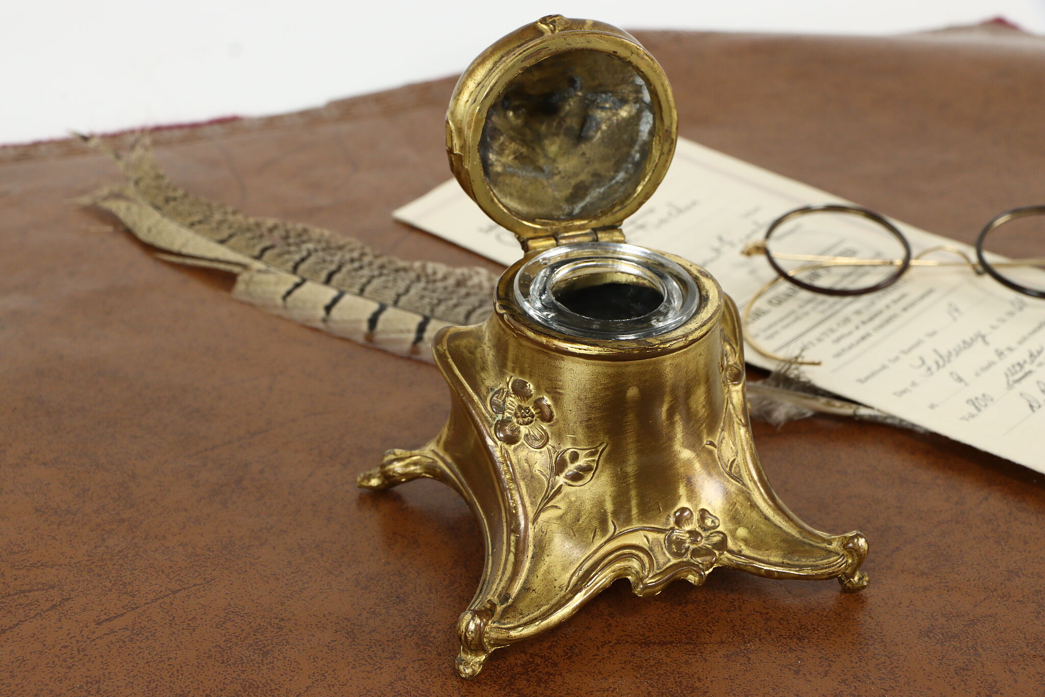 Art Nouveau Antique Gilt Inkwell, Glass Liner