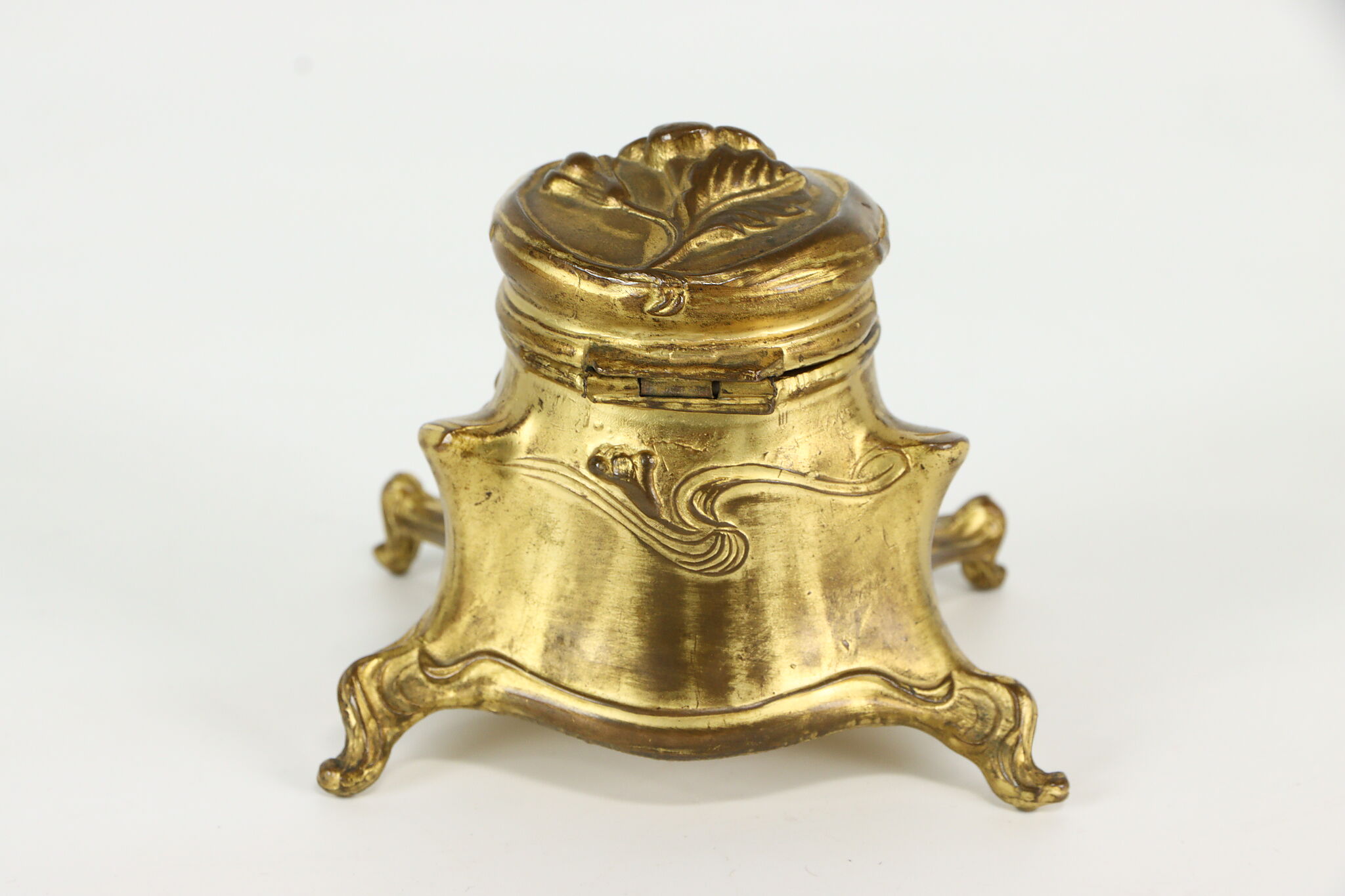 Art Nouveau Antique Gilt Inkwell, Glass Liner