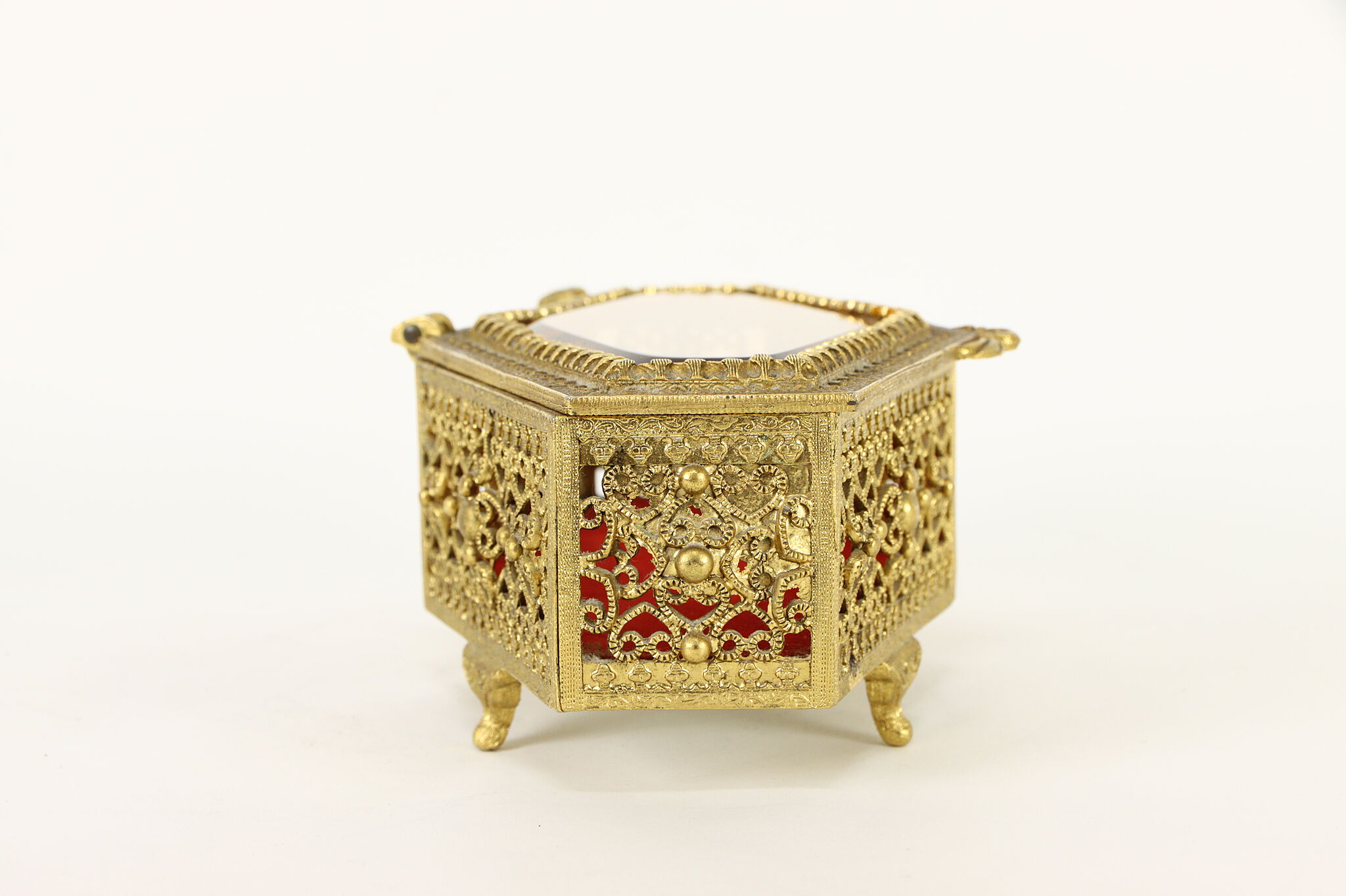 Gold Plated Filigree Vintage Jewelry Box, Beveled Glass & Red Velvet