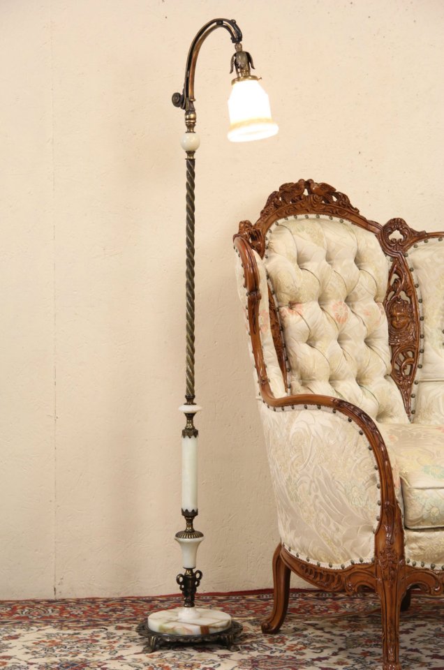 Reading Floor Bridge Lamp, Onyx Mounts 1910 Antique