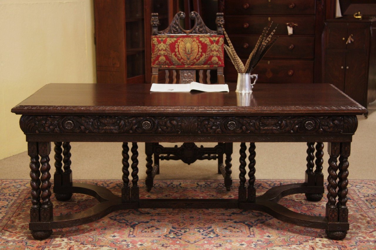 Carved Oak Partner's Writing Desk or Library Table
