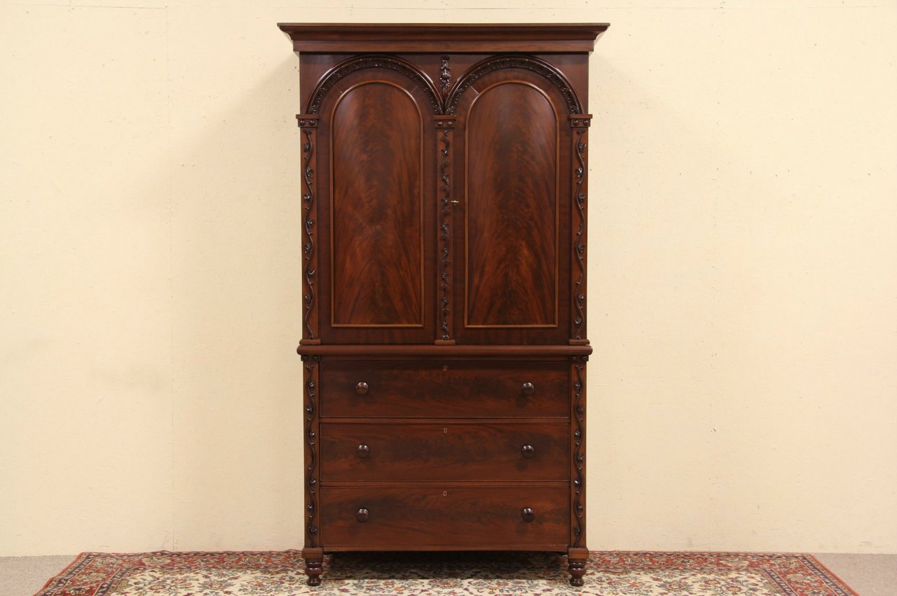 Carved Antique 1870 Linen Press Armoire