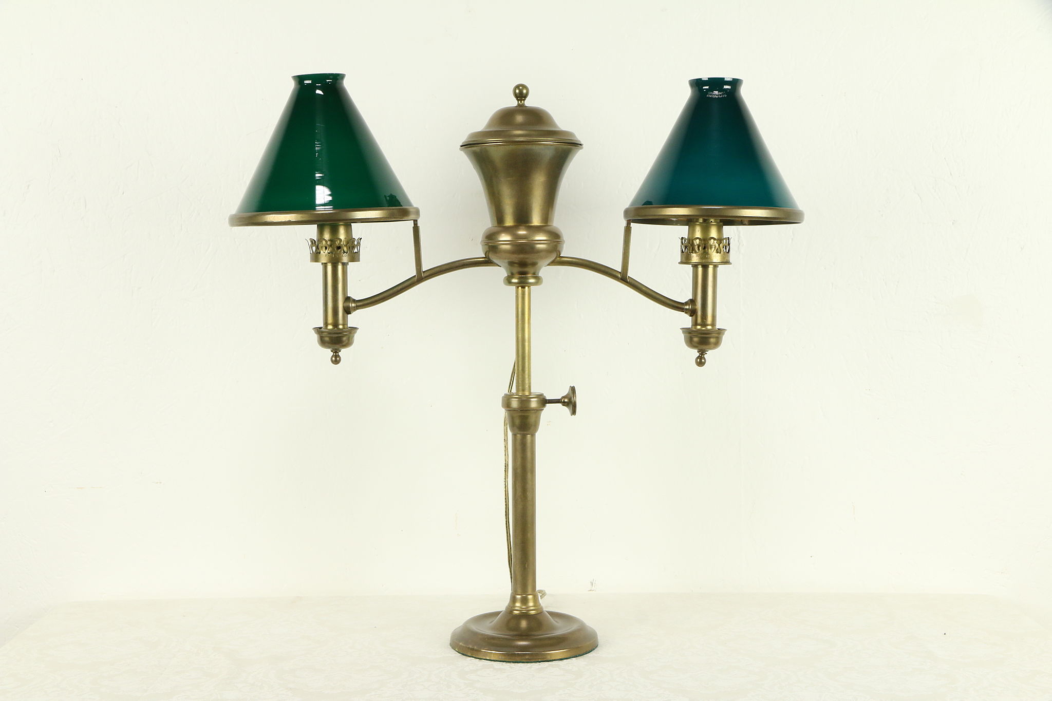 Victorian Brass Emerald Glass Shade Double Student Desk Lamp Pat.1873