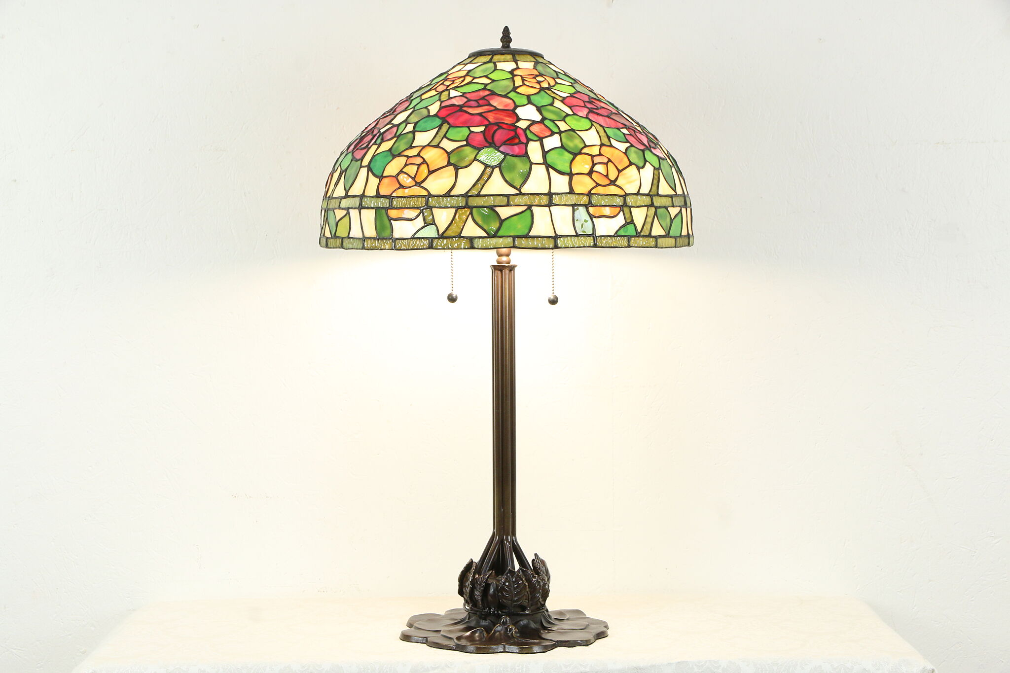 Tiffany Style Bronze Lamp, Lily Base, 21" Leaded Stained Glass Shade