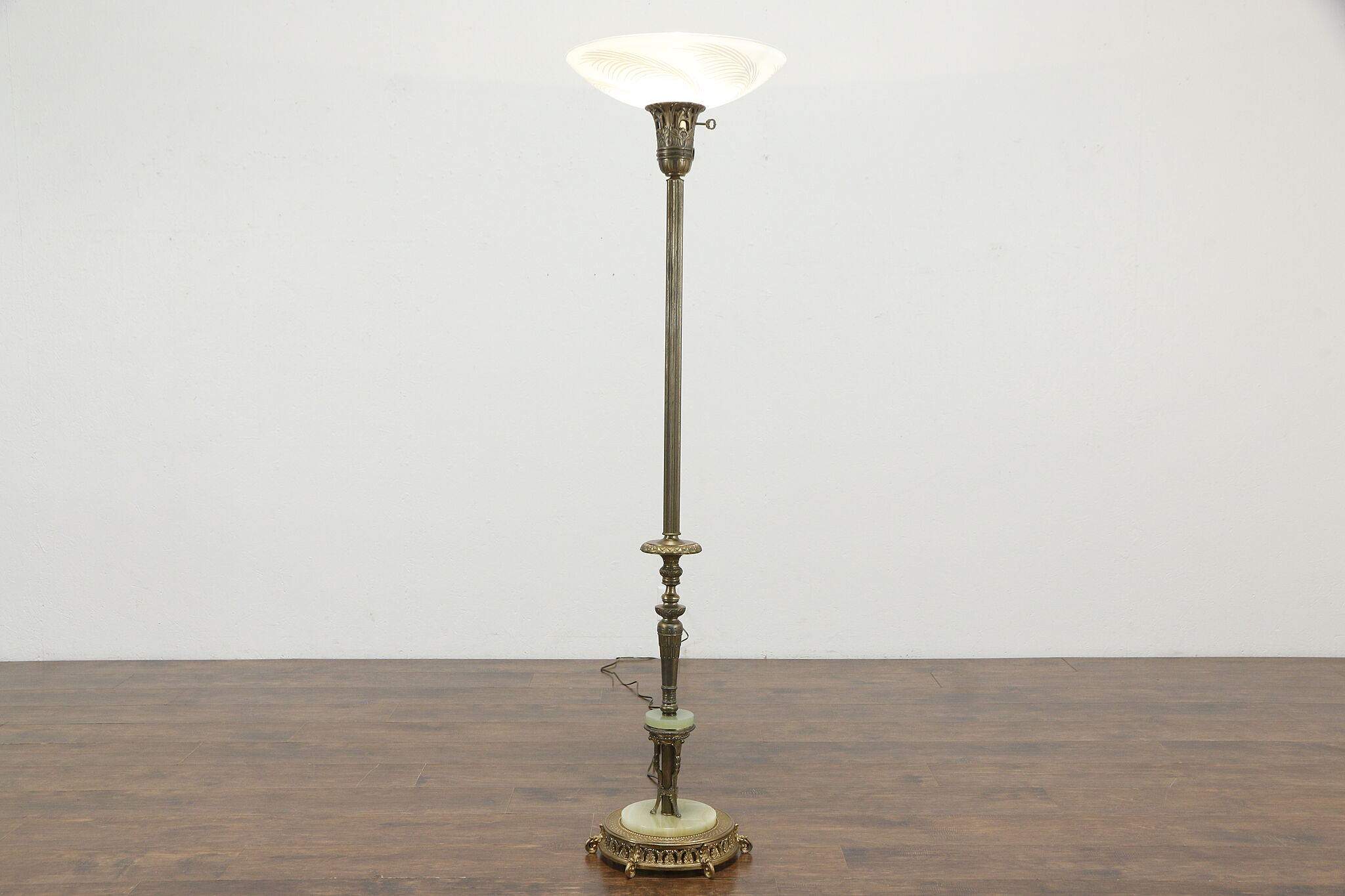 Torchiere Vintage Floor Lamp Onyx Brass Mounts Etched Glass Shade