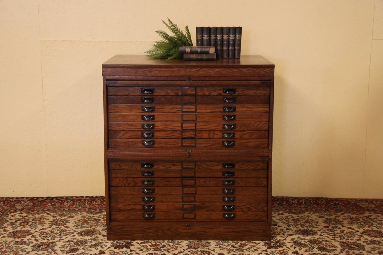 Oak 14 Drawer Antique Map Chest or Drawing File