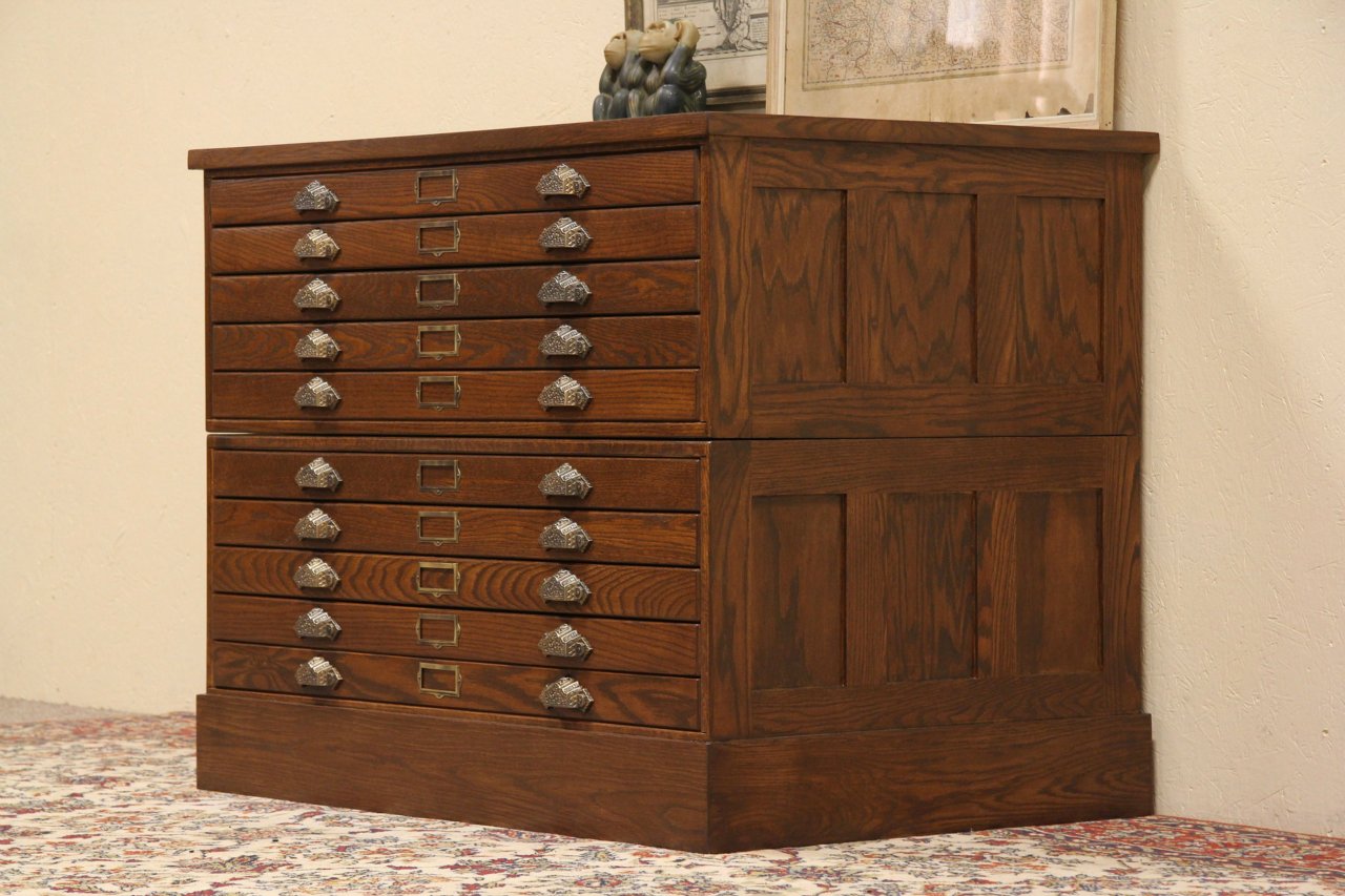 Oak Stacking Map Chest or Document File, 10 Drawers