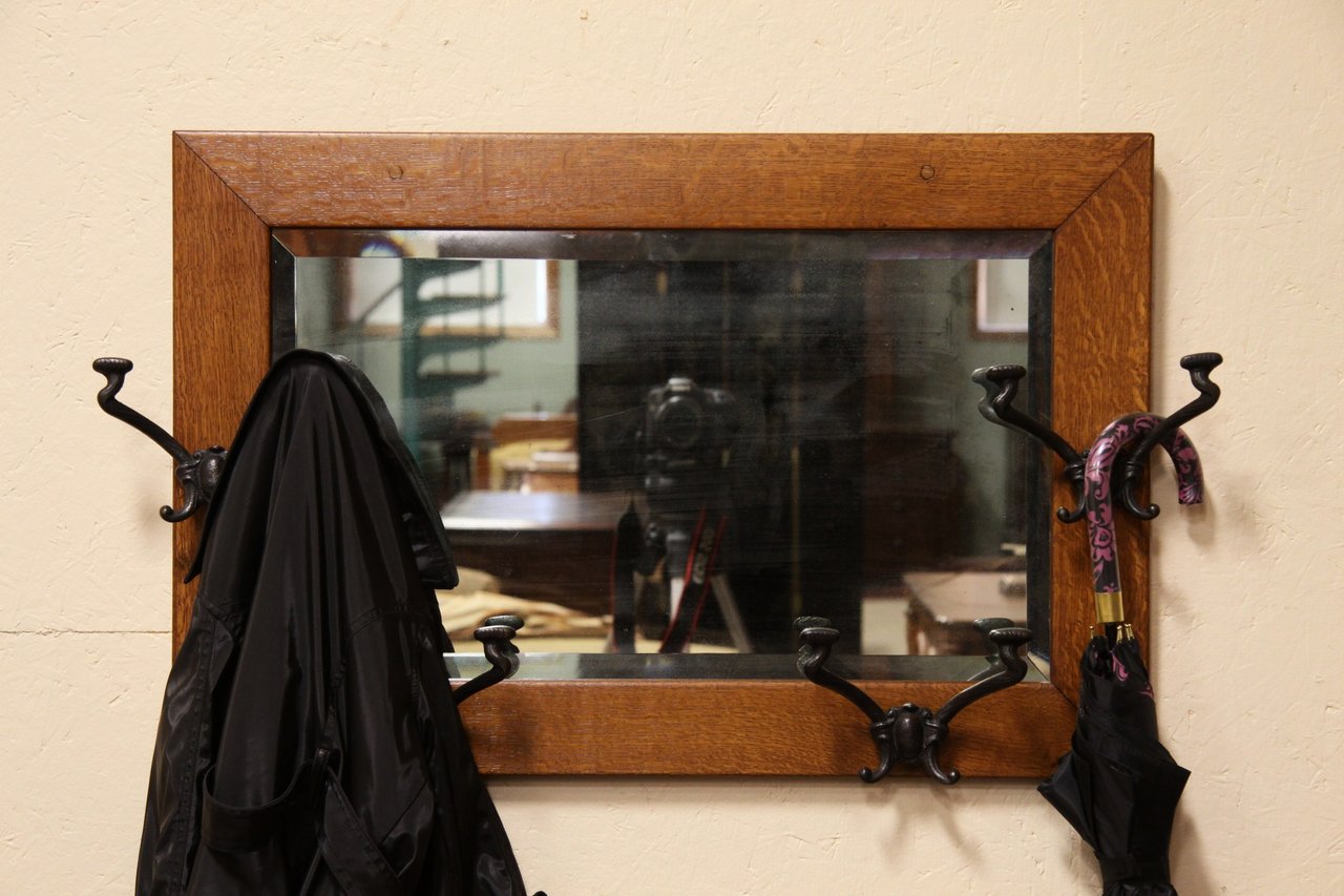 Victorian Oak Beveled Mirror, Hat Hooks