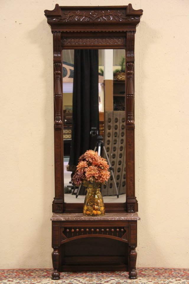 Victorian Eastlake 1885 Antique Hall or Pier Mirror, Marble Shelf