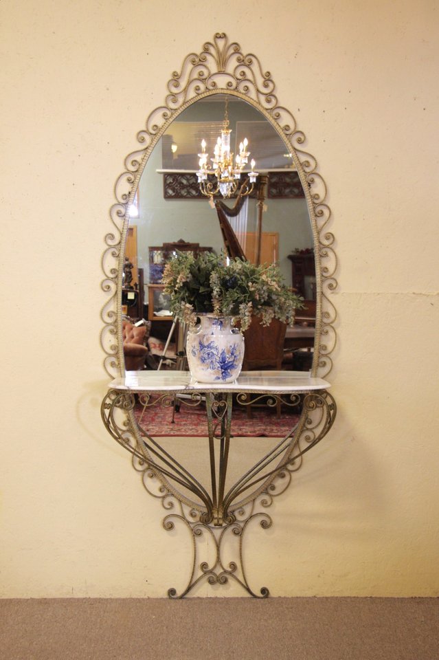 Wrought Iron Hall Mirror, Console Shelf Marble