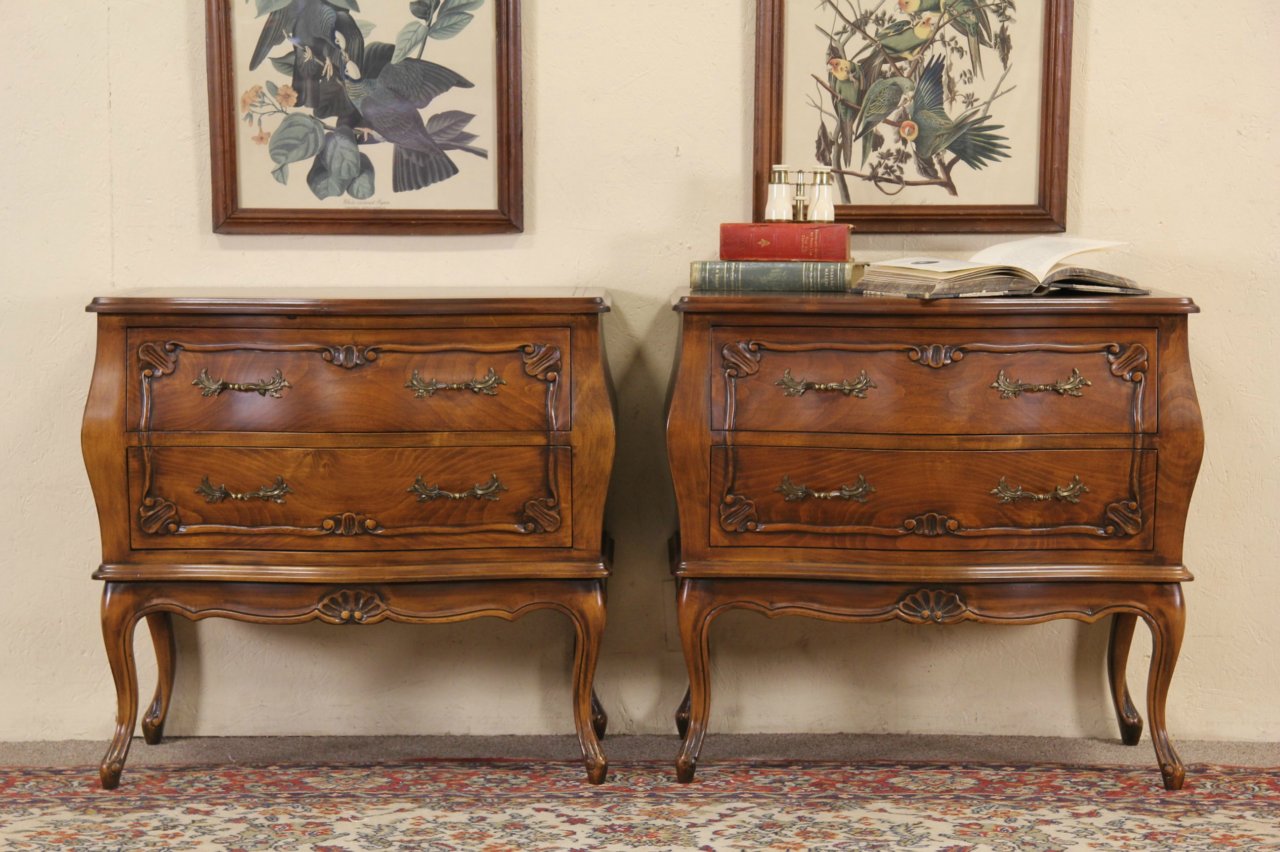 Pair Country French Cherry Vintage Bombe Chests or Nightstands