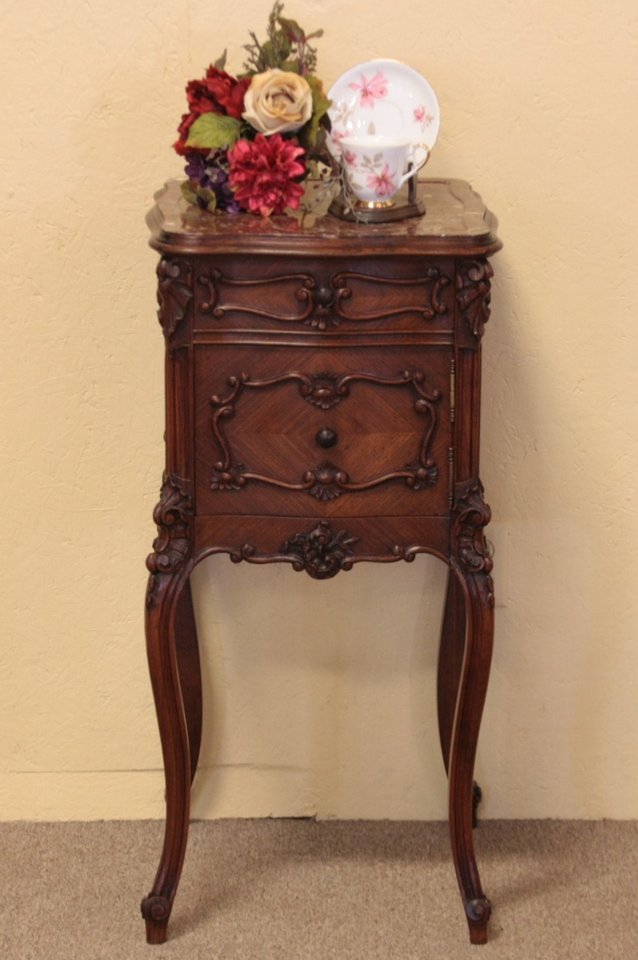 Marble Top Carved French Nightstand or Pedestal