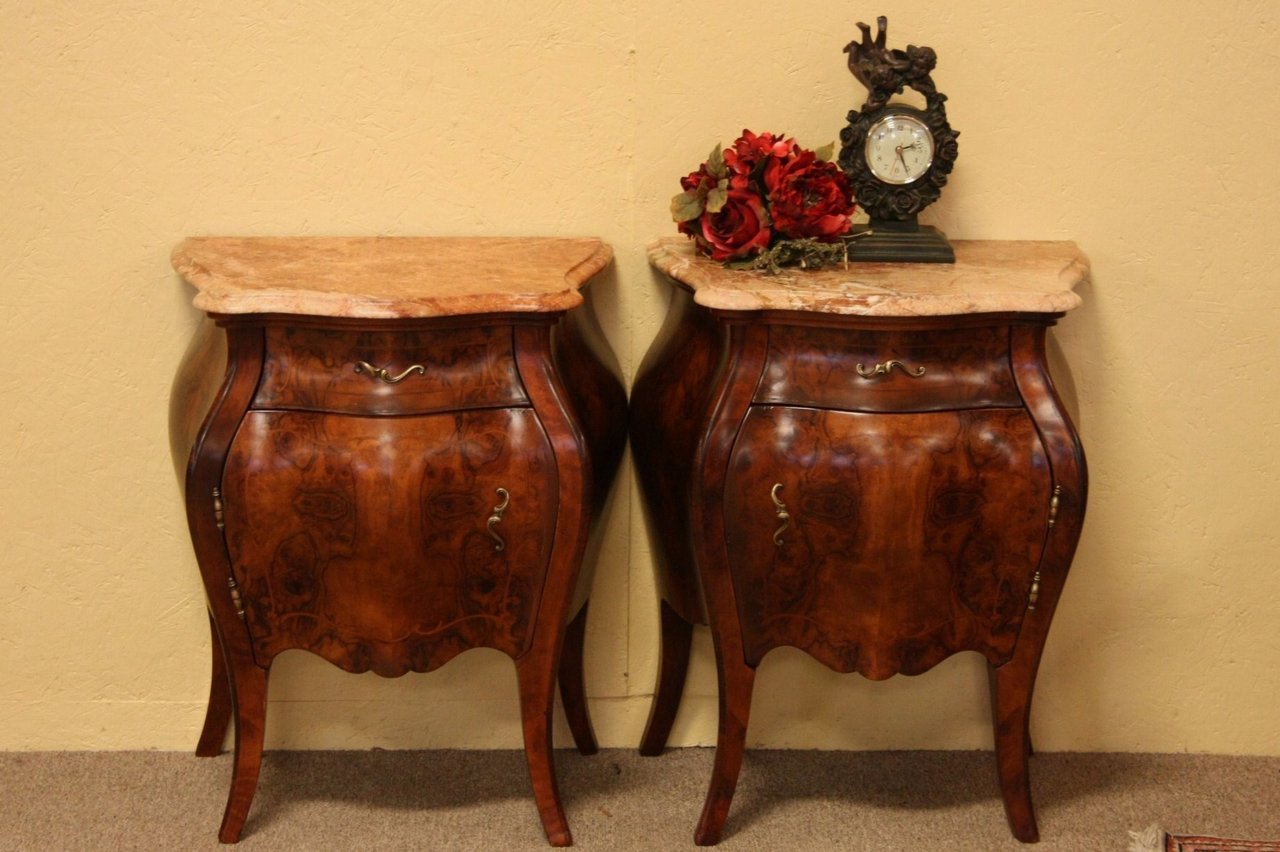 Pair of Bombe Burl& Marble Antique Chests Nightstand