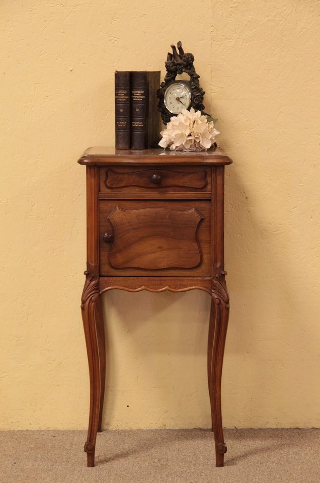Carved French Antique Nightstand, Marble Top
