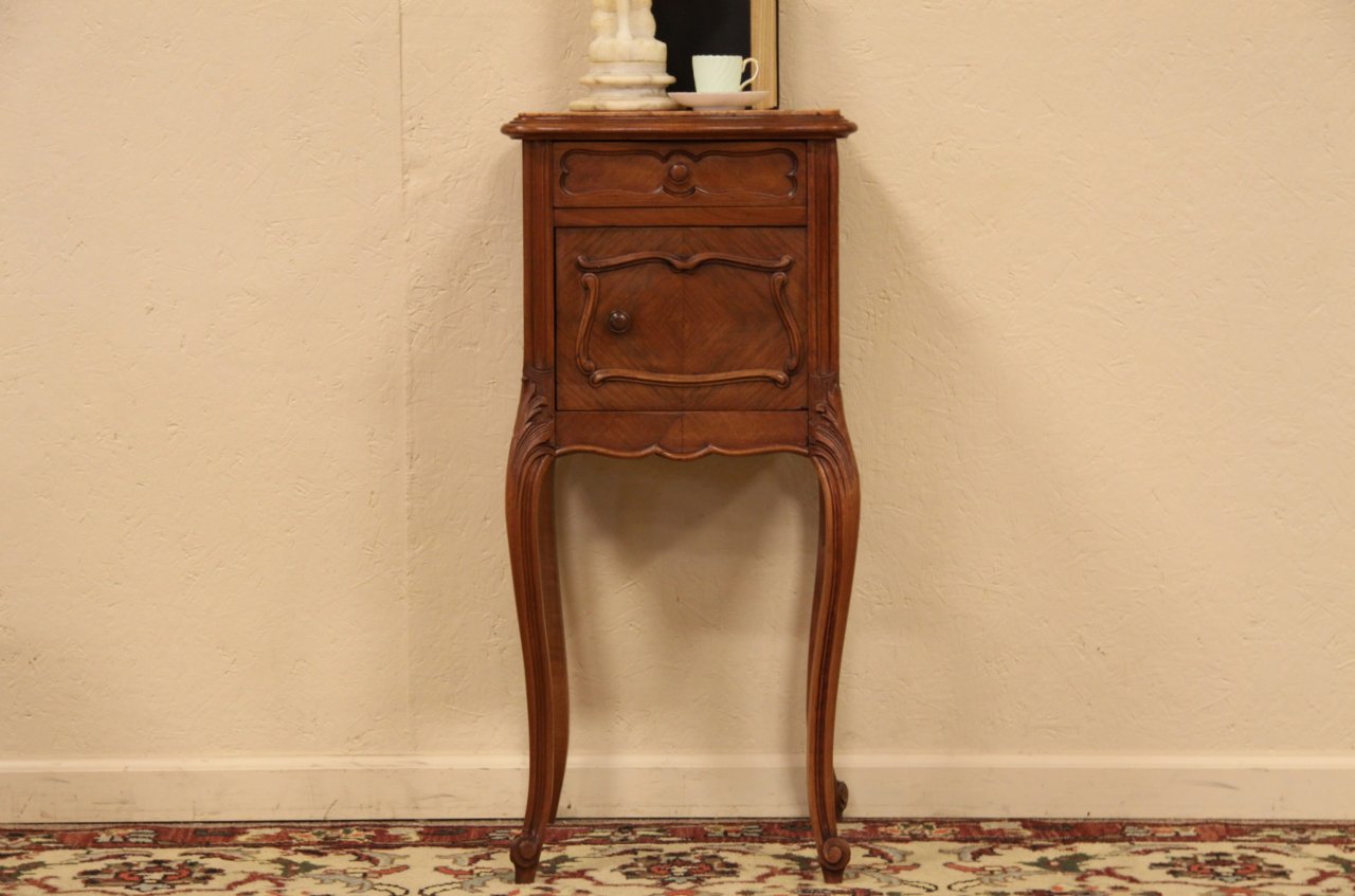 Carved French Nightstand or Pedestal, Marble Top
