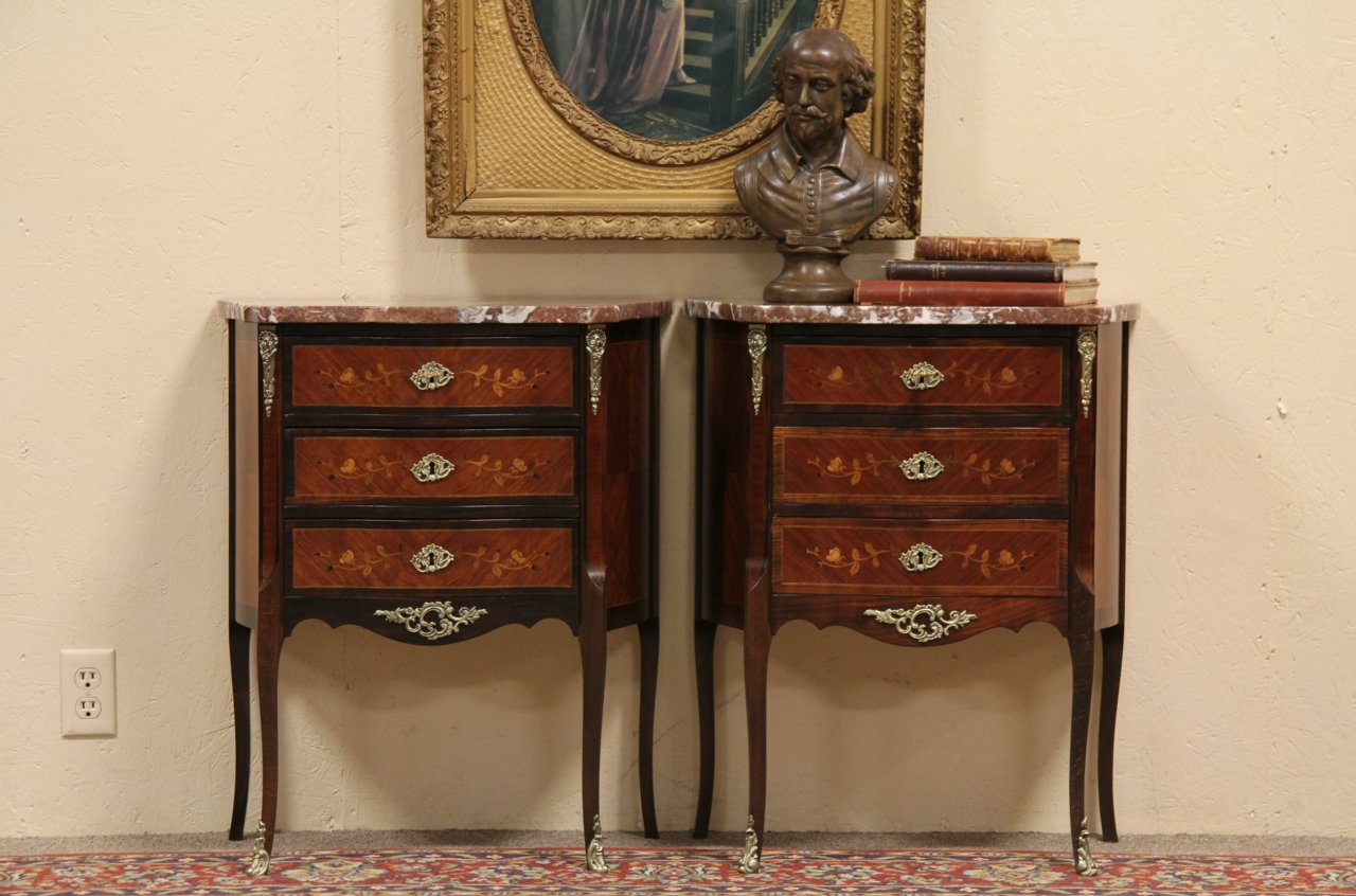 Pair Marble Top Bedside Chests or End Tables