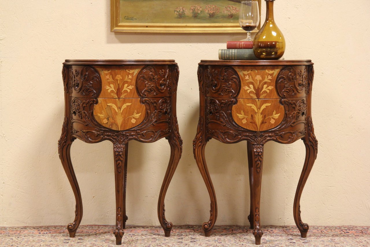 Pair Round Carved Marquetry End Tables or Nightstands