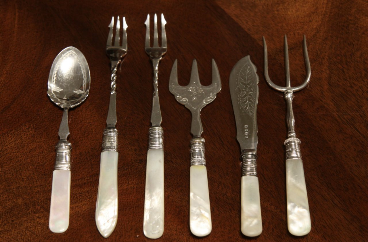 Group of 6 Antique Pearl Handle Silver Serving Pieces