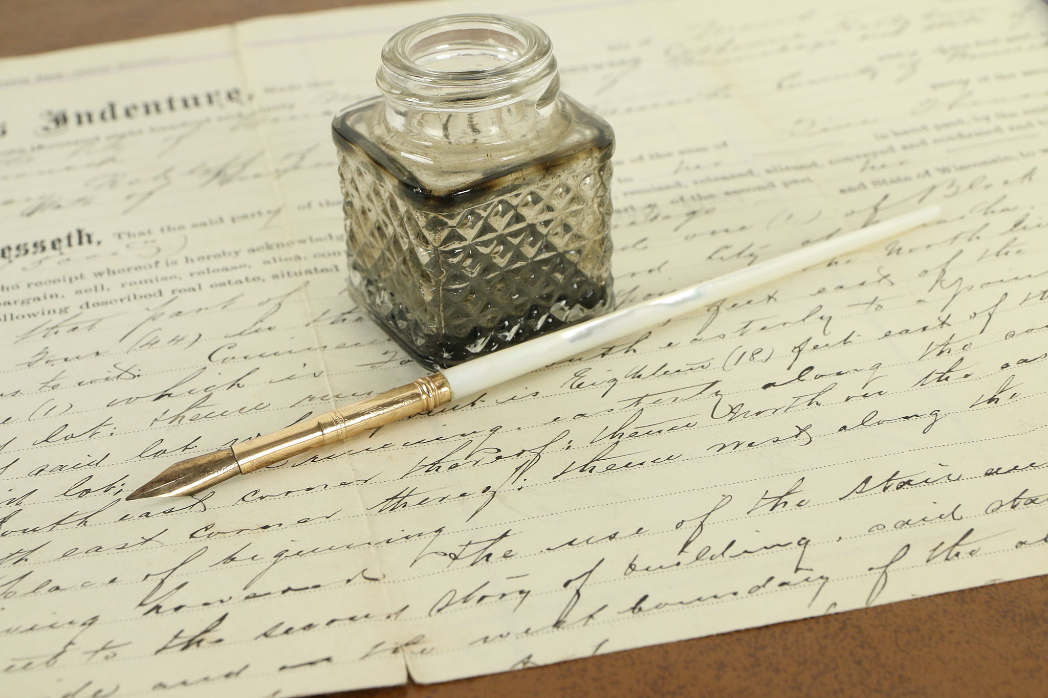 Victorian Antique Ink Pen, Mother of Pearl Feather & Gold Plate