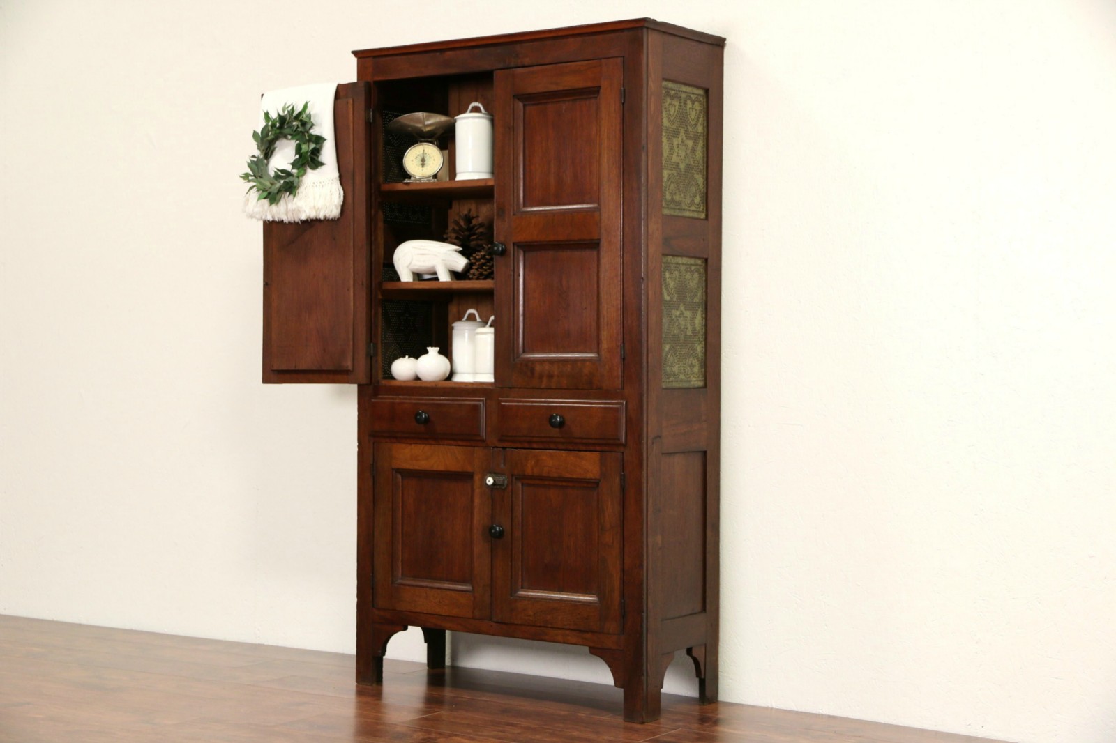 Country Kitchen Walnut 1870 Antique Pantry Pie Safe Cupboard