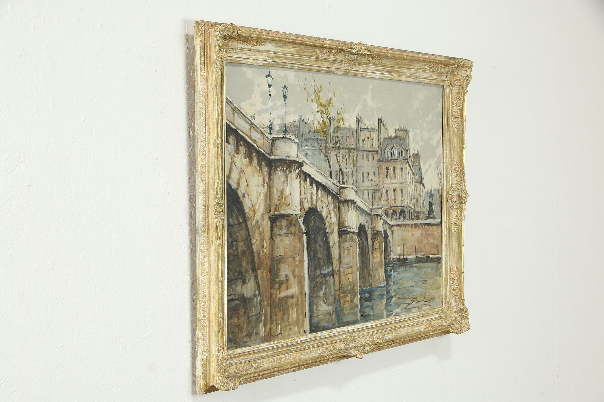 Paris Scene of Pont Neuf Vintage Original Oil Painting, Zamini? 41 1/2  #35063