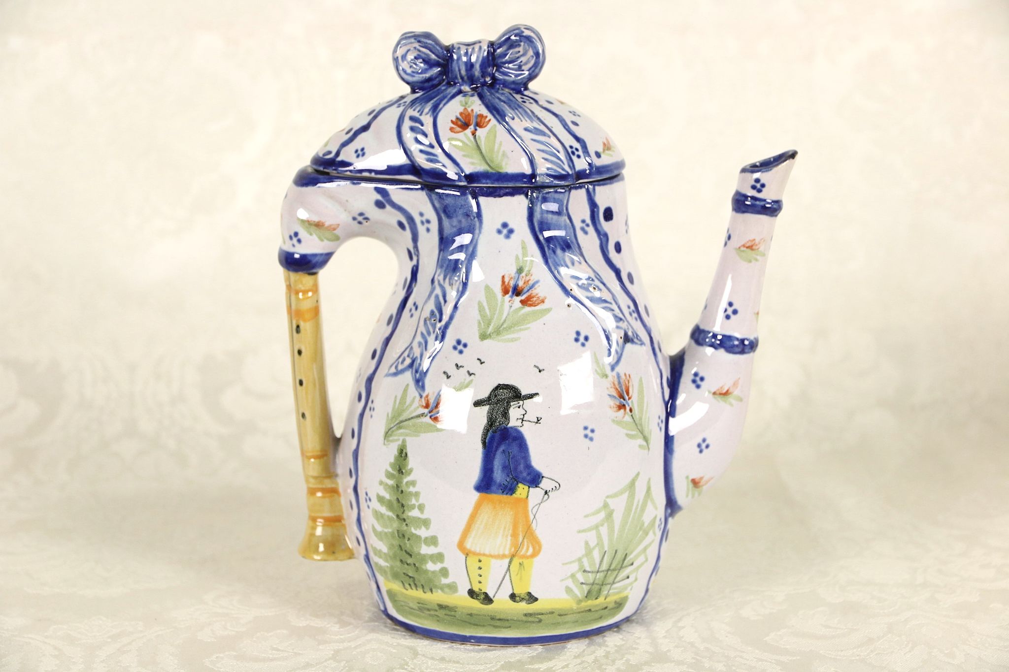 Quimper Bagpipe Coffe Pot, Hand Painted & Signed, Brittany, France