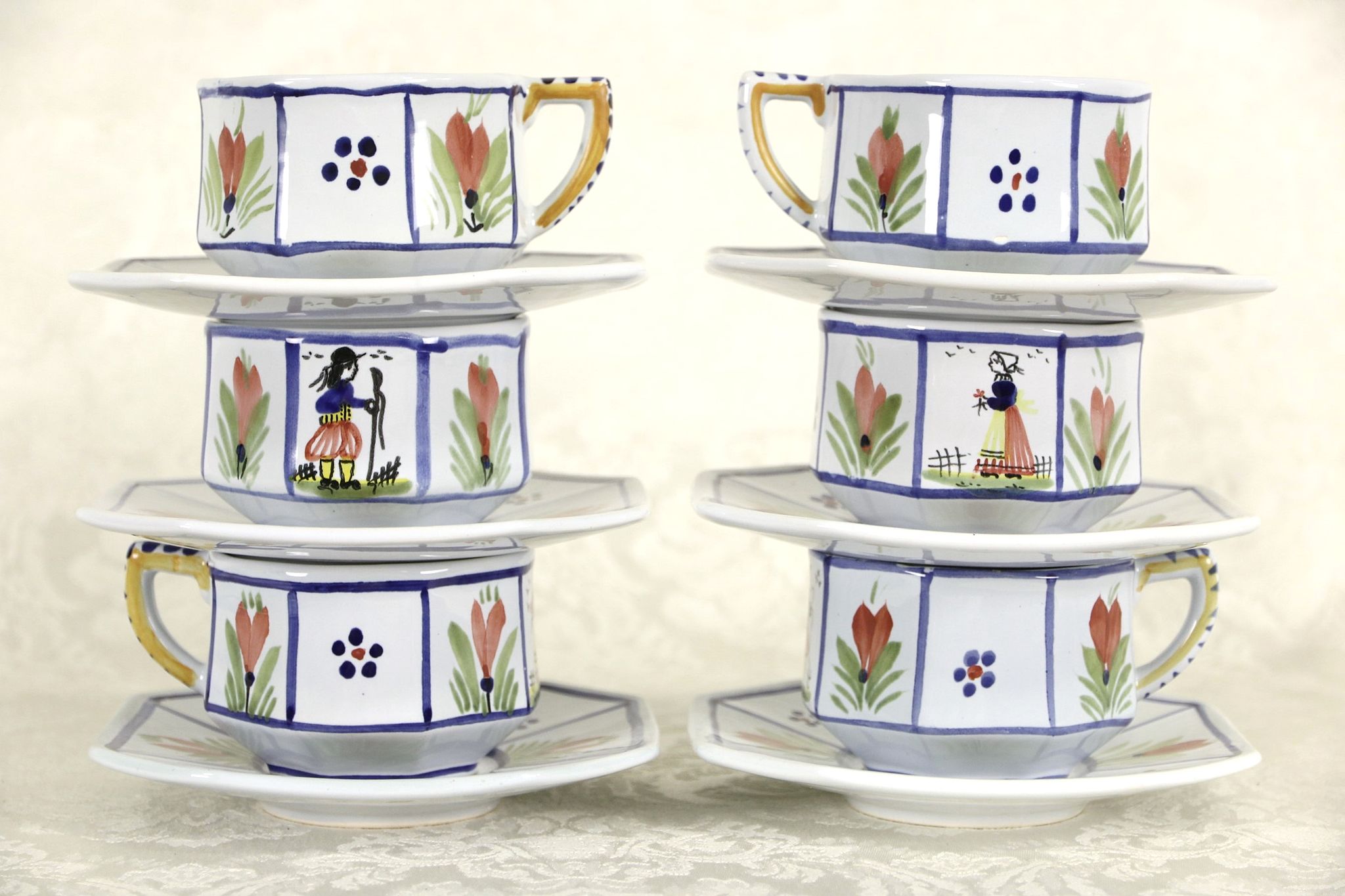 Quimper Set of 6 Coffee Cups & Saucers, Hand Painted Brittany, France