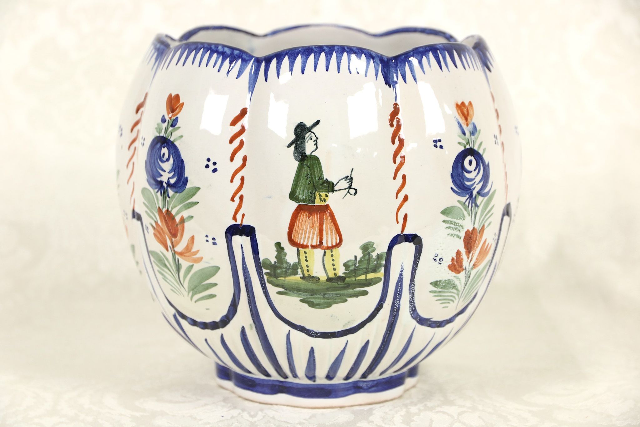 Quimper Vase or Planter, Hand Painted & Signed, Brittany, France