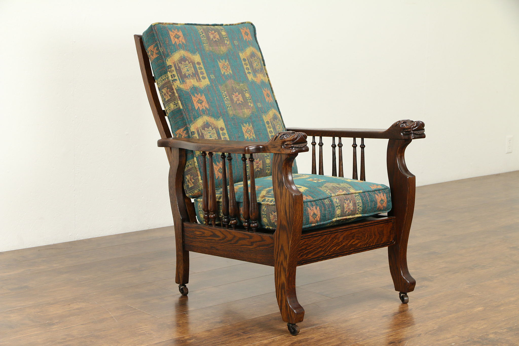 SOLD Oak Antique Morris Recliner Chair, Lion Heads, New