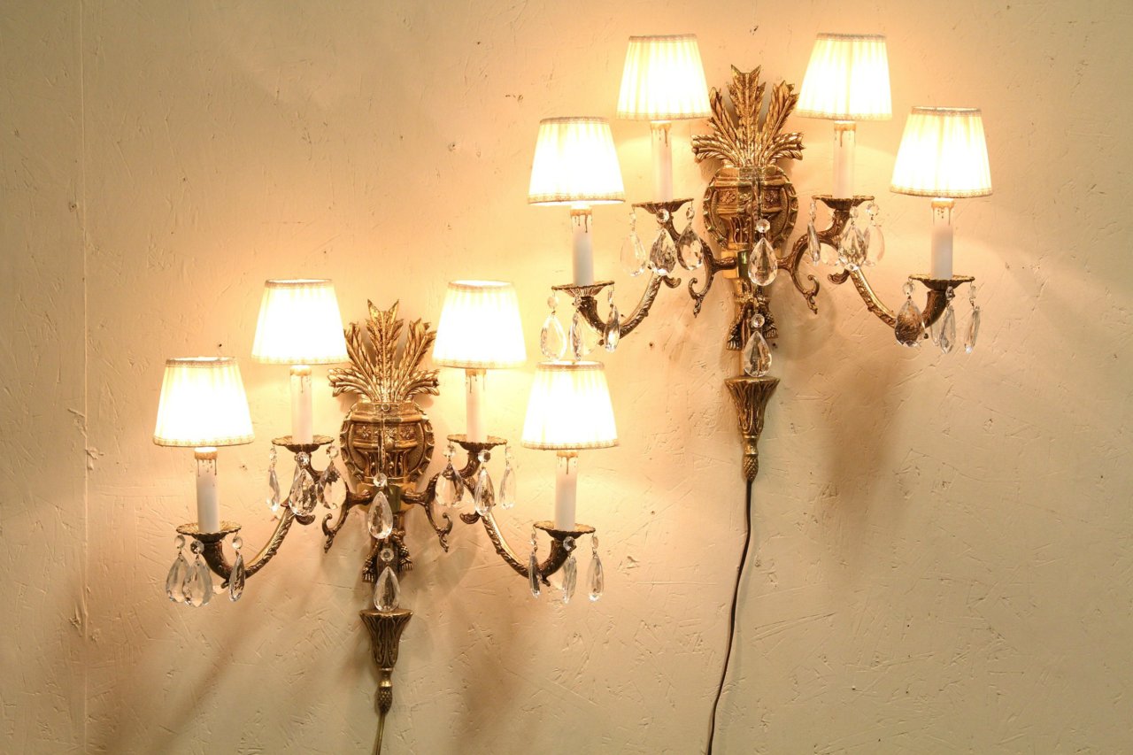 Pair Brass 4 Candle Wall Sconce Lights, Crystal Prisms