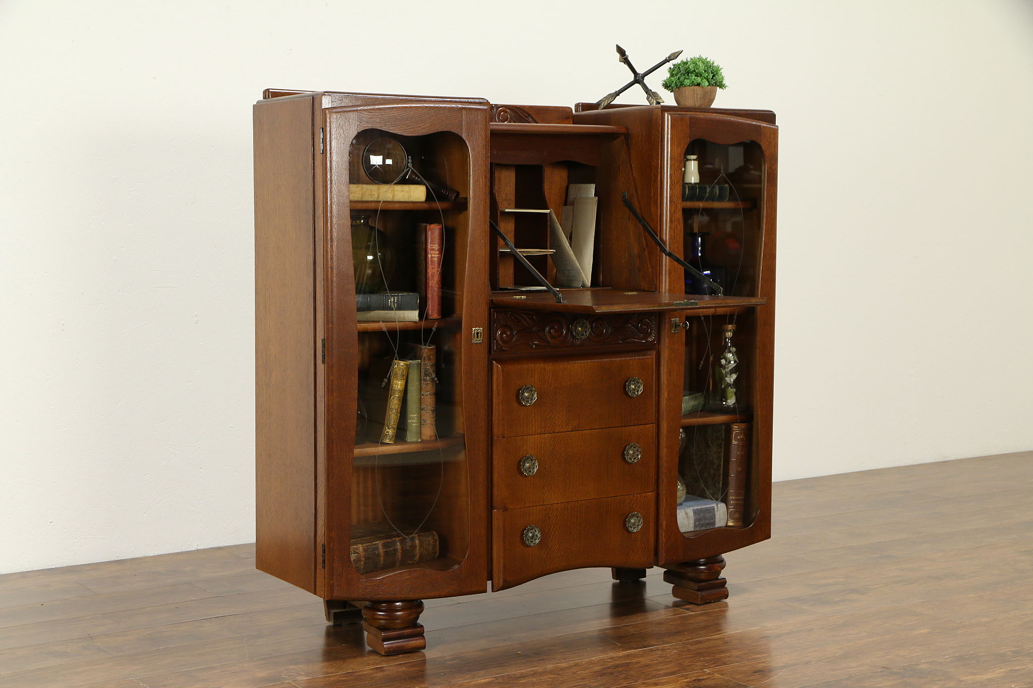 Sold English Art Deco Vintage Oak Secretary Desk Bookcase