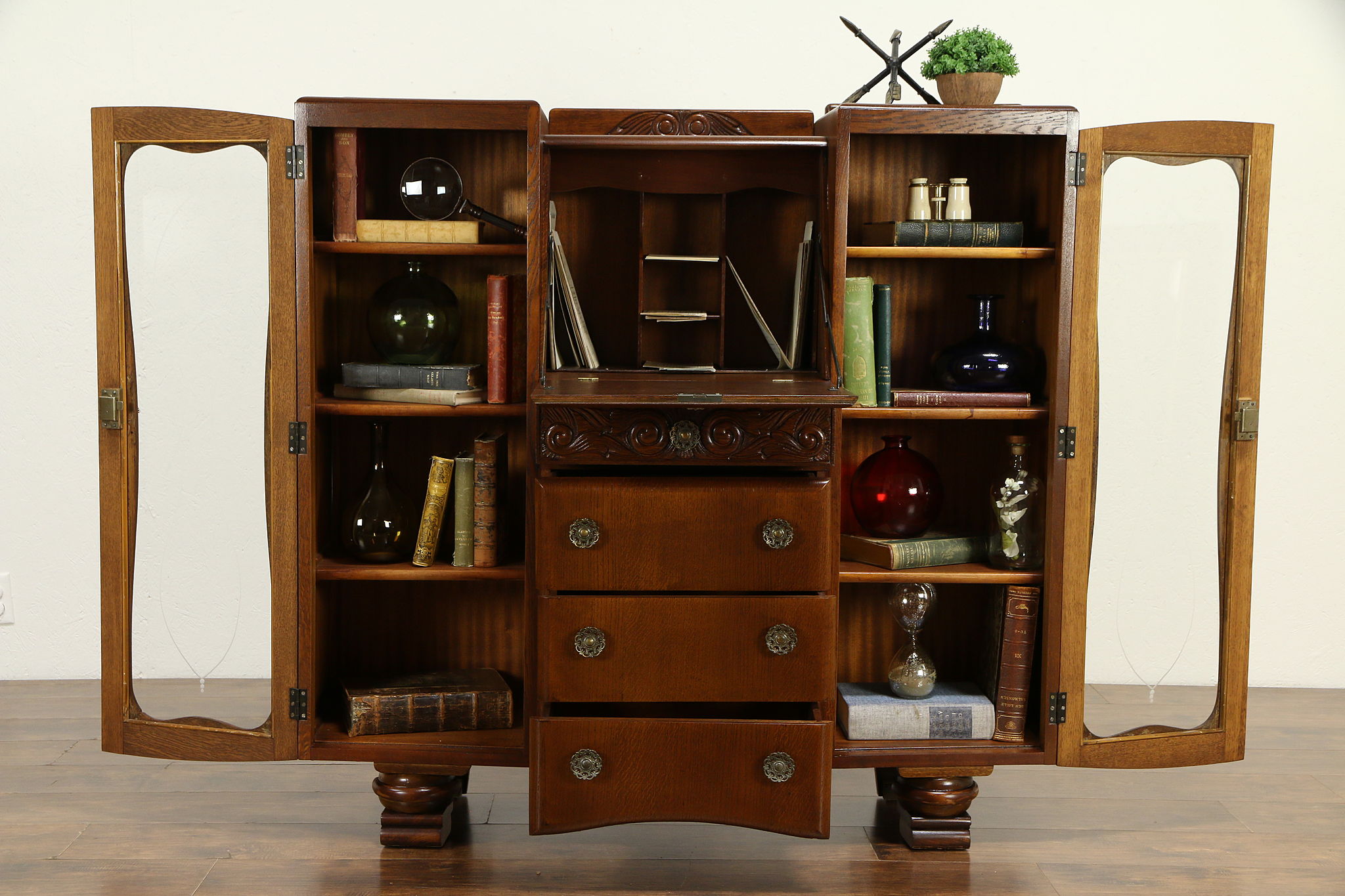 Sold English Art Deco Vintage Oak Secretary Desk Bookcase