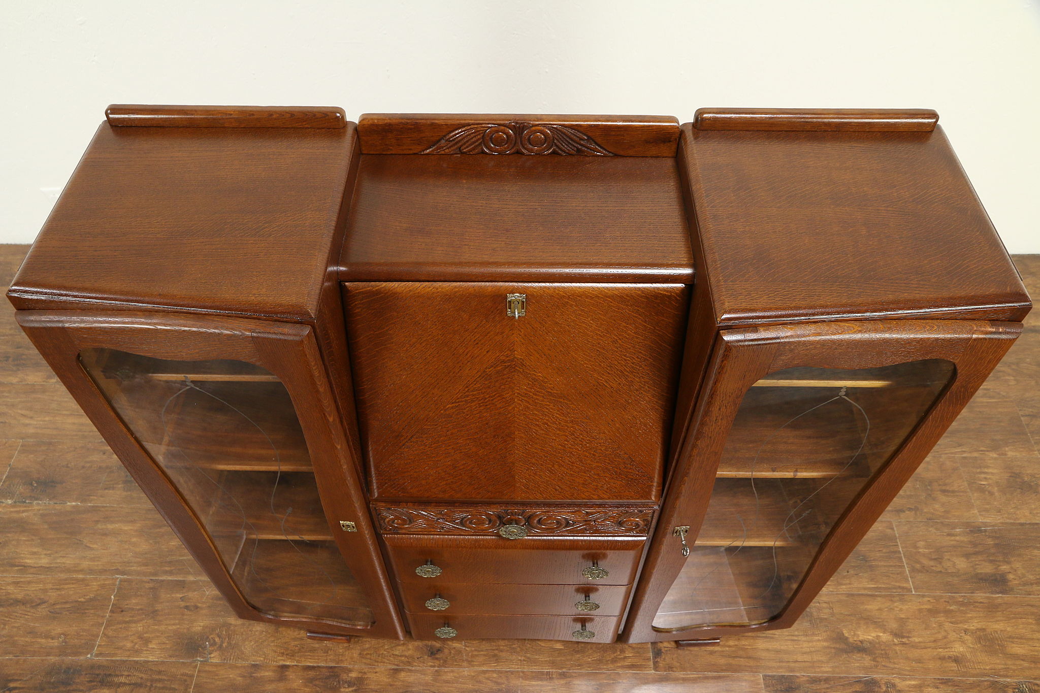 Sold English Art Deco Vintage Oak Secretary Desk Bookcase