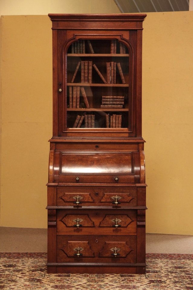 Victorian Cylinder Roll Secretary Desk, Bookcase