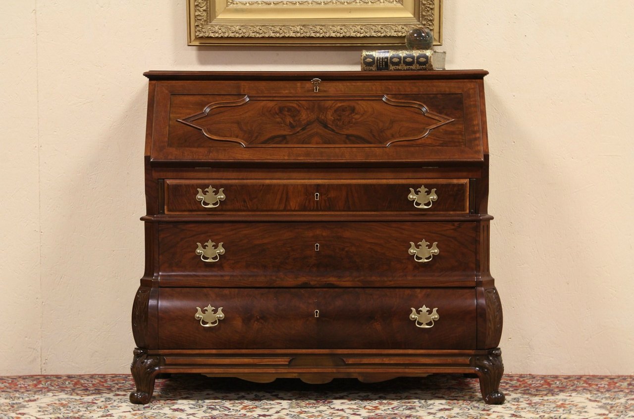 Carved Walnut Burl Italian Secretary Desk