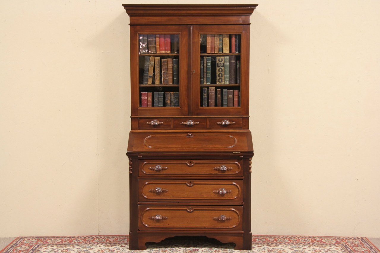 Victorian 1865 Walnut Secretary Desk & Bookcase