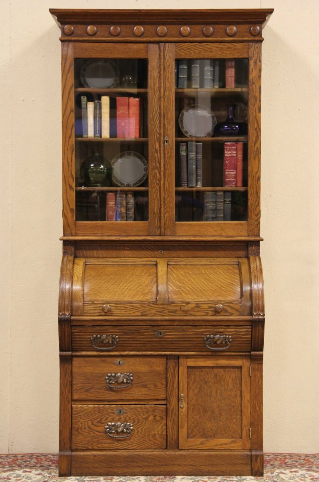 Eastlake Oak Cylinder Roll Top Desk & Bookcase