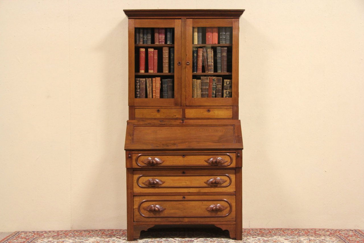 Victorian Walnut 1870 Antique Secretary Desk & Bookcase