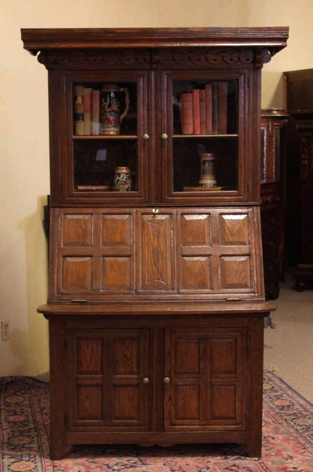 Folk Carved Country Oak Secretary Desk & Bookcase