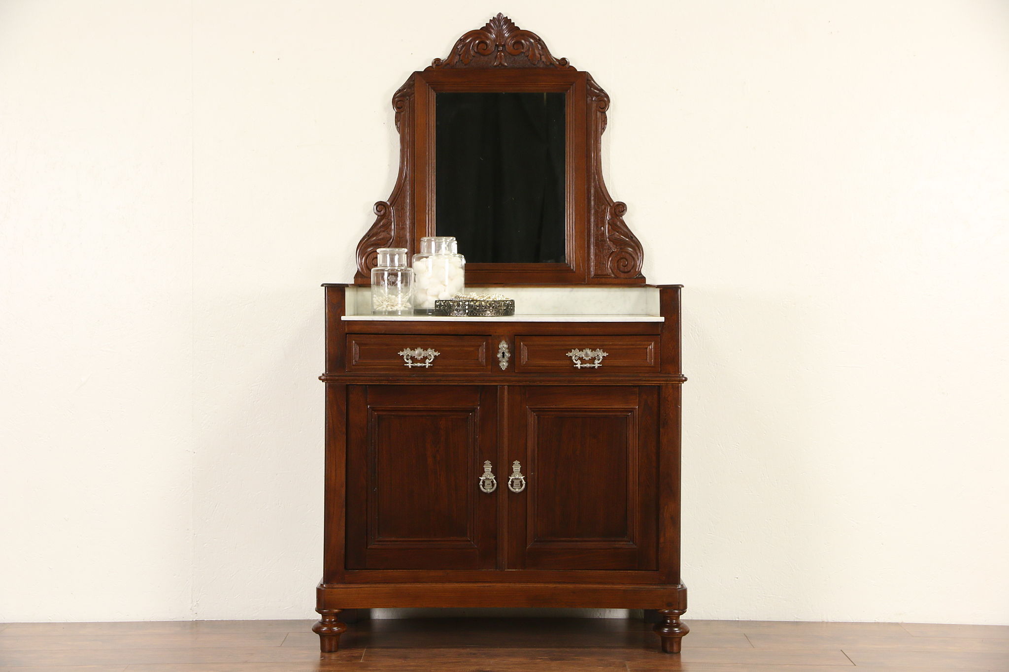 Elm 1890's Antique Marble Top Server, Sideboard or Vessel Sink Vanity