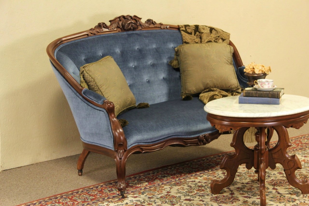Victorian Carved Walnut 1870 Antique Velvet Loveseat