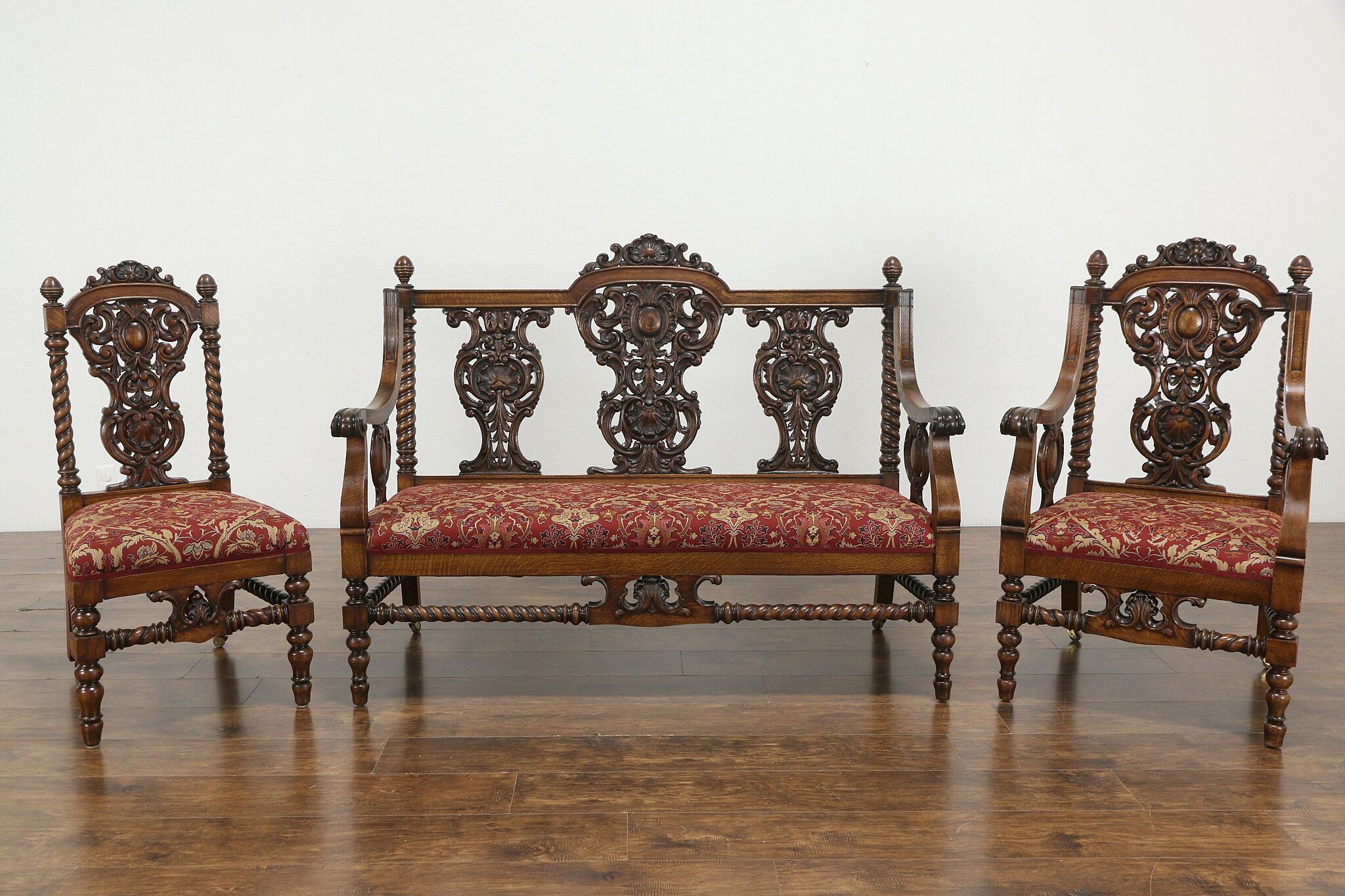 Parlor Set Renaissance Antique Oak 3 Pc Salon Parlor Set Loveseat or Settee 2 Chairs